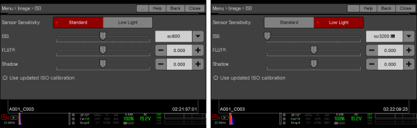 标准（左）和低照度（右）的 ISO 选项